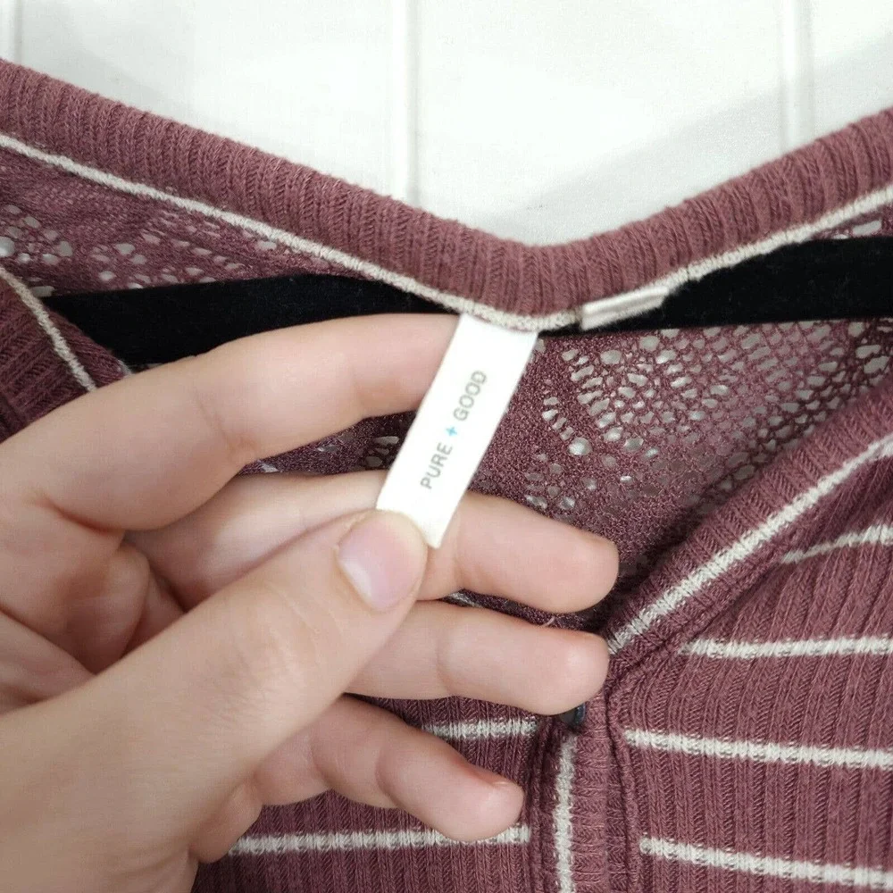 Anthropologie Womens Sleep Shirt Campground Maroon Striped Thermal Henley Top S